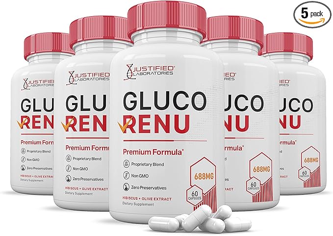 (5 Pack) Gluco Renu 688MG Glyco Support Pills Premium Formula Gluo Renew Glycogen Support Formulated Hawthrone Hibiscus Garlic Junpier Powder Olive Green Tea Extract 300 Capsules