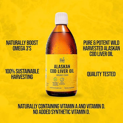 On Target Living Alaskan Cod Liver Oil Liquid | Organic Lemon Flavor 16.67 oz | Line Caught in The USA | Naturally Occurring Vitamin D | Rich in Omega 3 DHA/EPA | Non-GMO Project Certified
