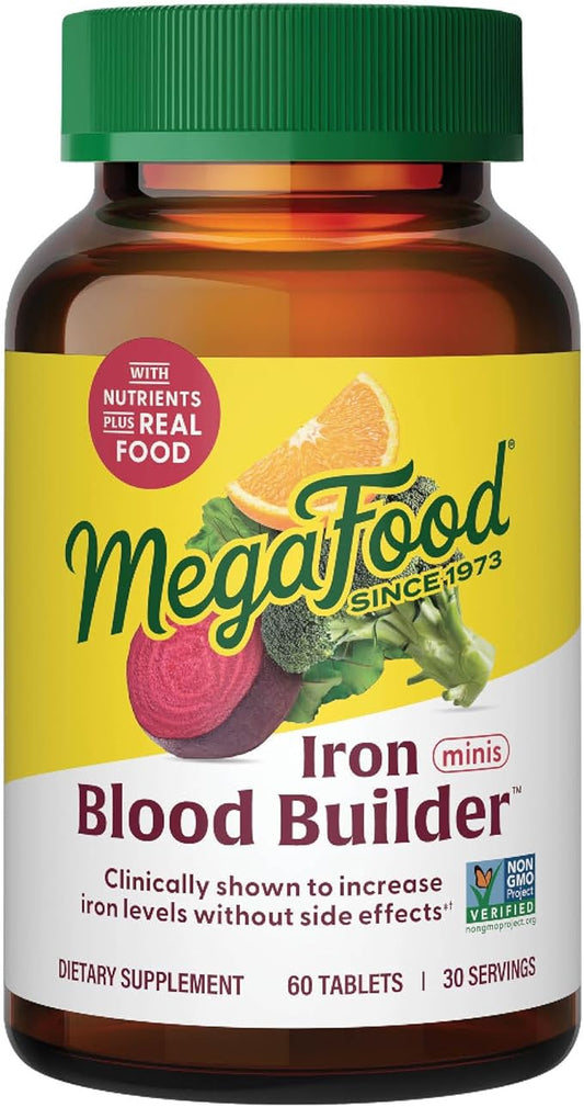 MegaFood Blood Builder Minis, Iron Supplement Clinically Shown to Increase Iron Levels Without Side Effects - Vegan Supplement with Vitamin C, Vitamin B12 & Folic Acid, 60 Tablets (30 Servings)