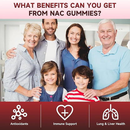 NAC Gummies for Kids & Adults, N Acetyl Cysteine 1000mg NAC Supplement for Antioxidants & Immune Support, Lung & Liver Health, Raspberry Flavor 120 Count