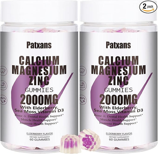 2 Packs 2000MG Calcium Magnesium Zinc Gummies with Vitamin D3 & Elderberry, Sea Moss for Bone ＆ Tooth Strength, Muscle ＆ Immunity, Sugar-Free, Vegan, Blueberry Flavor, 120ct.
