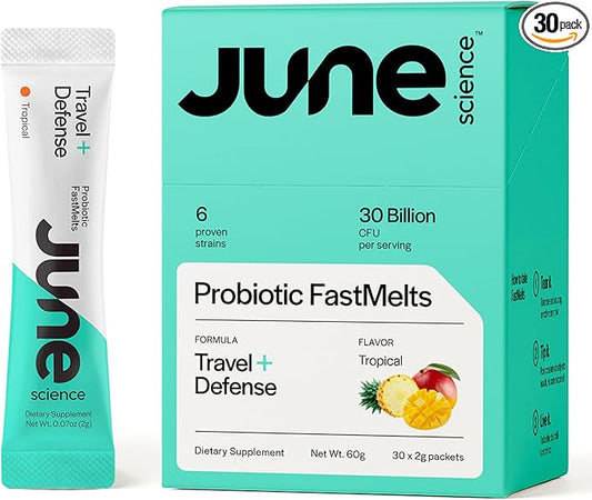 Travel + Defense | Fast Melt Pre + Probiotic for Immune Health While Traveling - Tropical Flavor, 30 Powder Sachets