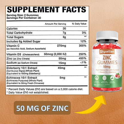 Zinc Gummies 50mg - Vitamin C, D3 & Elderberry, Echinacea, Zinc Immune Health Gummies, Non-GMO, Natural Antioxidant Supplements for Men & Women, Vegan 2 Pack