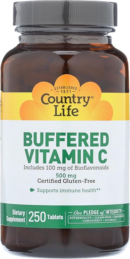 Country Life Vitamin C Buffered with Bioflavonoids, 500mg, 250 Tablets, Certified Gluten Free, Certified Vegan