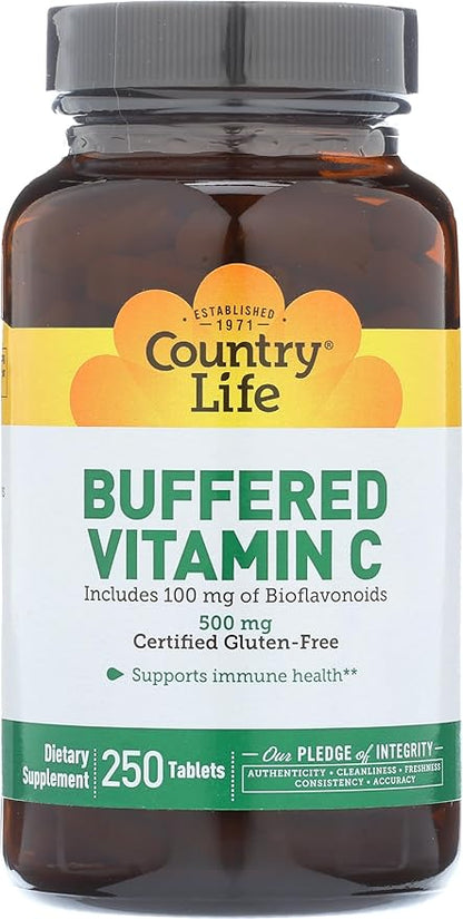 Country Life Vitamin C Buffered with Bioflavonoids, 500mg, 250 Tablets, Certified Gluten Free, Certified Vegan
