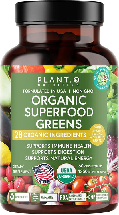Plant.O Organic Super Greens [Fruit & Veggie Supplement] High Absorption Antioxidants from Green Powder with Alfalfa, Beet Root, Tart Cherry for Immune Support, Gut Health, Energy, 60 Veggie Tablets