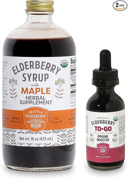 Herbal Supplement Starter Set – A 16oz Bottle of Elderberry Syrup with Maple & a 2oz Bottle of Elderberry to-Go Immune Booster Made from Only Organic Ingredients in The USA