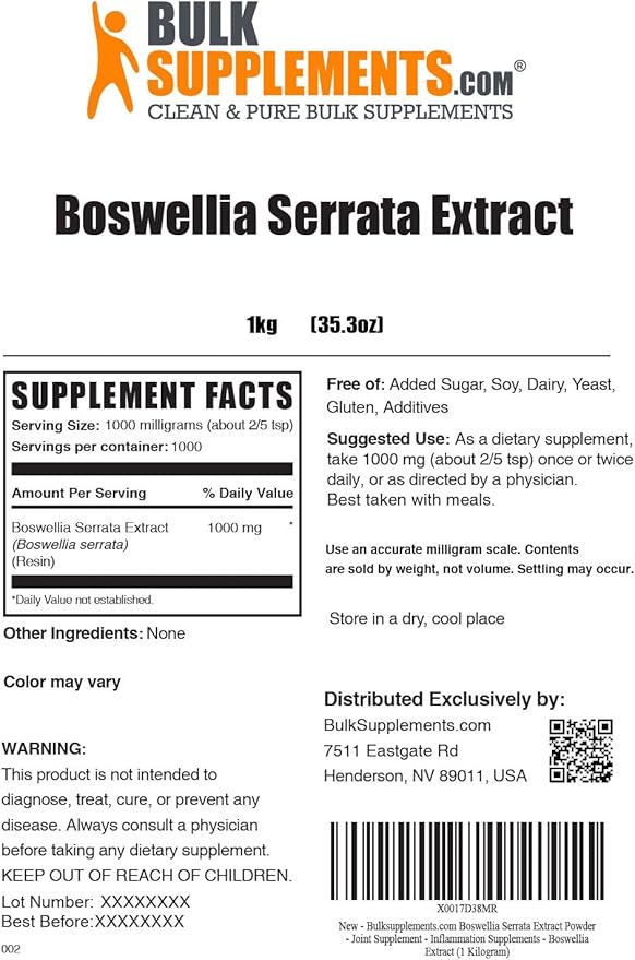 BulkSupplements.com Boswellia Serrata Extract Powder - from Frankincense Resin, Boswellia Serrata Powder - Herbal Supplement, Gluten Free, 500mg per Serving, 1kg (2.2 lbs) (Pack of 1)
