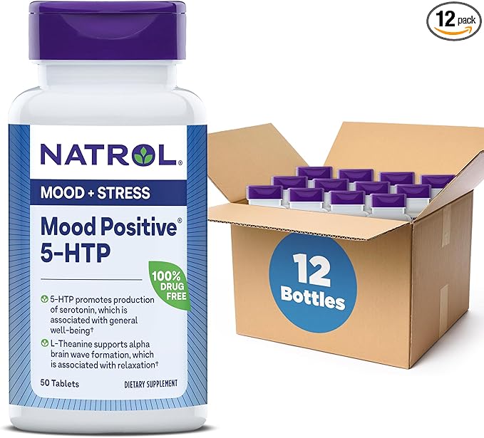 Natrol Mood Positive 5-HTP 50mg With L-Theanine, Vitamin B6, Vitamin B12 and Folate, Dietary Supplement Helps Support a Positive Mood, 50 Tablets, 25-50 Day Supply (Pack of 12)