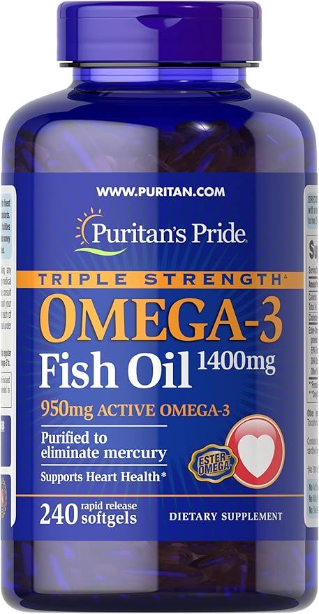 Puritan's Pride Triple Strength Omega-3 Fish Oil 1400mg, Active Omega-3 950mg, Dietary Supplement for Heart, Joint, and Cellular Health Support, 240 Rapid Release Softgels (Packaging May Vary)