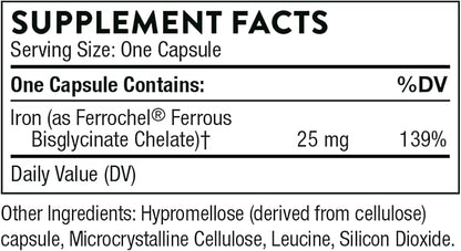 THORNE Iron Bisglycinate - 25 mg Iron Supplement for Enhanced Absorption Without Gastrointestinal Side Effects* - NSF Certified for Sport - Gluten-Free - 60 Capsules
