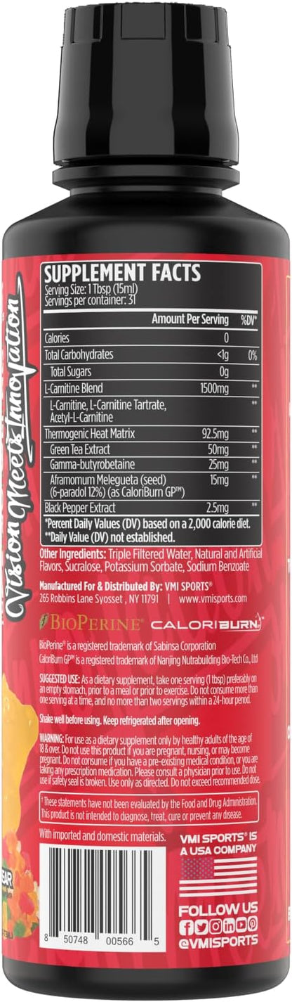 VMI Sports L-Carnitine 1500 Heat Liquid Enhanced Thermogenic | 1500 mg Carnitine | Maximum Absorption Formula | Great Taste for Men & Women | 31 Servings (Gummy Bear)
