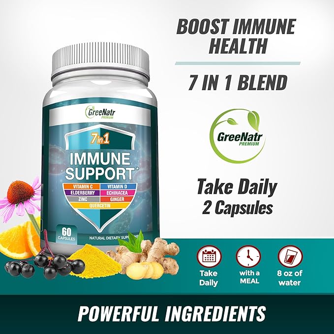 7 in 1 Immune Support Supplement with Vitamin C, Vitamin D3, Zinc 50mg, Quercetin, Echinacea Purpurea, Sambucus Elderberry and Ginger for Complete Immune Defense - 60 Capsules (6 Bottles)