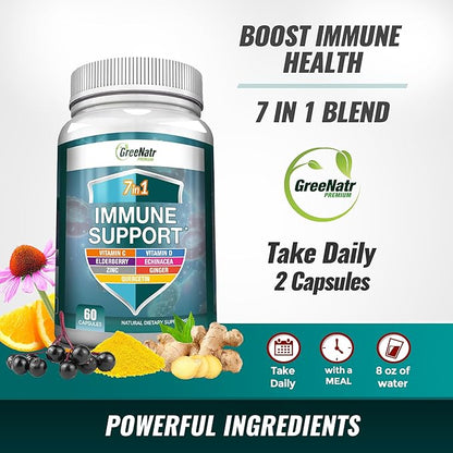 7 in 1 Immune Support Supplement with Vitamin C, Vitamin D3, Zinc 50mg, Quercetin, Echinacea Purpurea, Sambucus Elderberry and Ginger for Complete Immune Defense - 60 Capsules (6 Bottles)