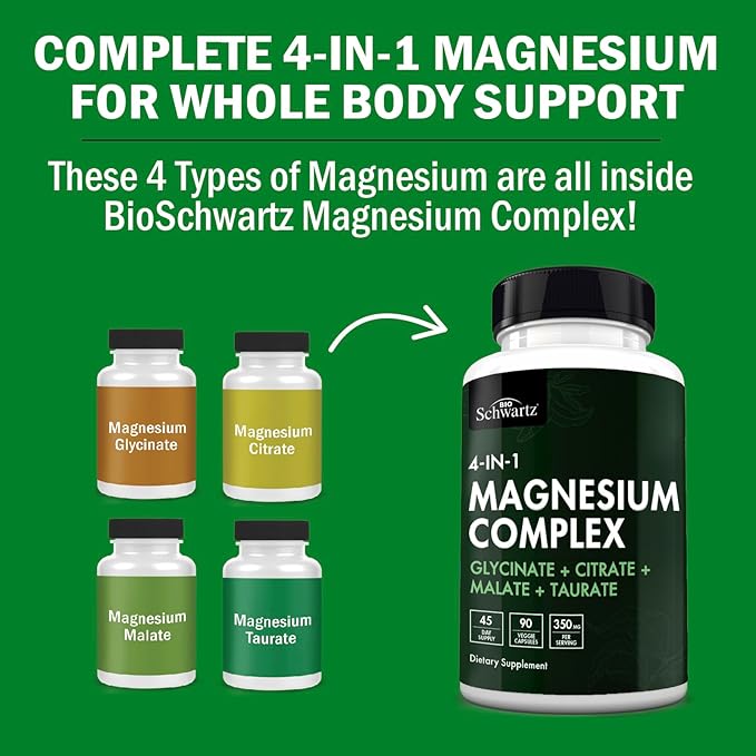 Magnesium Complex Supplement - Extra Strength 350mg High Absorption Magnesium Glycinate Citrate Malate and Taurate to Support Heart Health Sleep Nerves Muscles - Non GMO, Vegan Safe, 90 Capsules