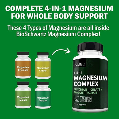 Magnesium Complex Supplement - Extra Strength 350mg High Absorption Magnesium Glycinate Citrate Malate and Taurate to Support Heart Health Sleep Nerves Muscles - Non GMO, Vegan Safe, 90 Capsules