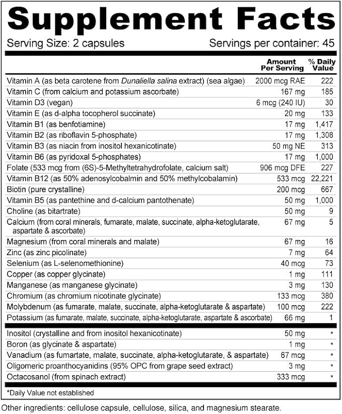 Wellness Resources Daily Energy Multiple Vitamin - 100% coenzyme B Vitamins Including Methylfolate and Methylated B12 with Other Important Cofactors for Energy, Stress, and Mood (90 Capsules)