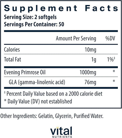 Vital Nutrients Evening Primrose Oil 1000mg | Primrose Supplement for Women | GLA Omega-6 Fatty Acid for Skin and PMS Support* | Gluten, Dairy, Soy Free | Non-GMO | 100 Softgels