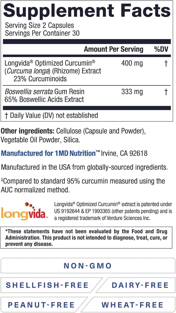 1MD Nutrition CurcuminMD Plus - Turmeric Curcumin with Boswellia Serrata - 285x More Absorbable | Joint Stiffness, Muscle Recovery, and Mood Support | 120 Capsules (2-Pack)