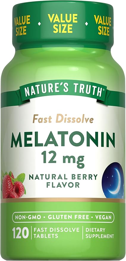 Nature's Truth Melatonin Tablets | 12mg | 120 Count | Natural Berry Flavor | Fast Dissolve | Vegan, Non-GMO & Gluten Free Supplement