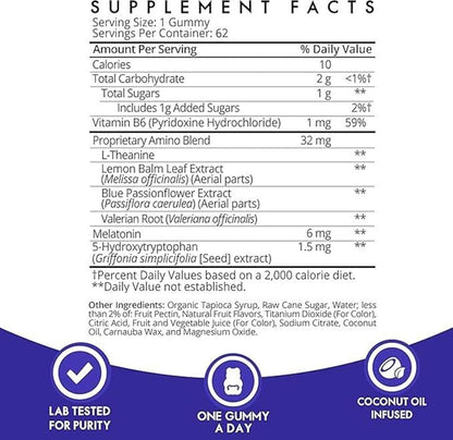 Sugarbear Sleep Gummy 6 Month Supply, Extra Strength Melatonin 6mg, for Men & Women, Vegan Vitamin B6, L-Theanine, 5 HTP, Valerian, Sleep Aid for Adults & Teens, Certified Kosher, Halal, Cruelty-Free