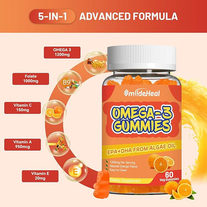 2 Pack Omega 3 Gummies Supplement 1000mg, High Absorption DHA & EPA, Heart, Brain & Joint Support, Extra Strength Fish Oil Omega 3 Gummies Vitamins, 120 Count