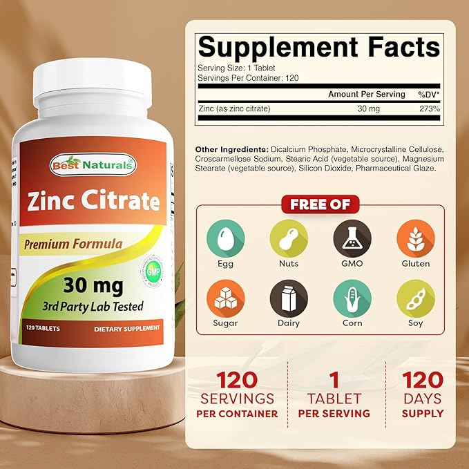 Best Naturals Zinc 30mg Supplements (as Zinc Citrate) - zinc Vitamins for Adults Immune Support - 120 Tablets (120 Count (Pack of 1))