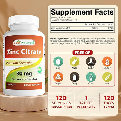 Best Naturals Zinc 30mg Supplements (as Zinc Citrate) - zinc Vitamins for Adults Immune Support - 120 Tablets (120 Count (Pack of 1))