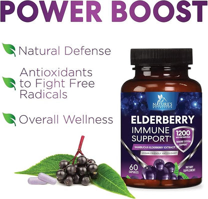 Elderberry Immune Support Extract Capsules - Daily Immune Support for Adults with Natural Sambucus Black Elderberry Antioxidant - No Sugar & Gluten Free Vitamin, Non-GMO Supplement - 60 Capsules
