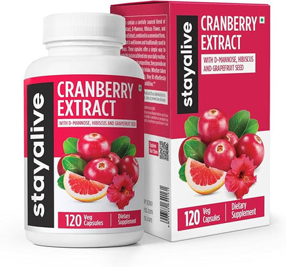 STAY ALIVE Cranberry Pills for Women and Men 1000mg with D-mannose, Hibiscus and Grapefruit Seed Extract, 120 Count, D-mannose Cranberry Supplement, Vegan, Non-GMO & Gluten-Free Powder Capsules