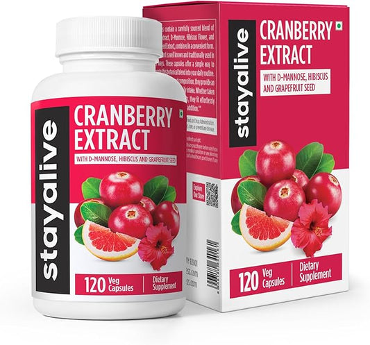STAY ALIVE Cranberry Pills for Women and Men 1000mg with D-mannose, Hibiscus and Grapefruit Seed Extract, 120 Count, D-mannose Cranberry Supplement, Vegan, Non-GMO & Gluten-Free Powder Capsules