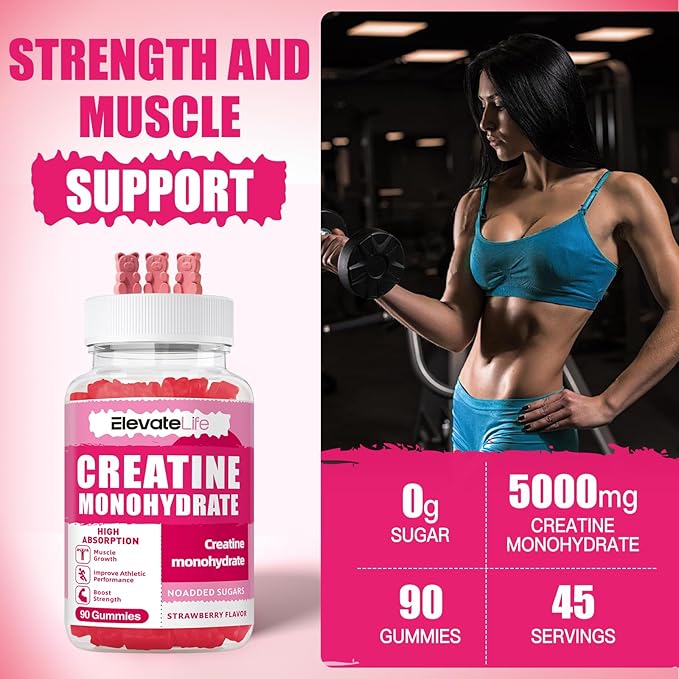 Creatine Monohydrate Gummies 5000mg for Men & Women, Chewables Creatine Monohydrate for Muscle Strength, Muscle Builder, Energy Boost, Pre-Workout Supplement(90 Count)-Strawberries