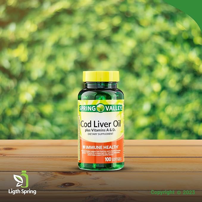 Spring Valley Cod Liver Oil Plus Vitamins A & D3, 100 softgels, Support Eye Function and a Healthy, Bundle with Vitamins & Minerals Ligth&Spring Guide