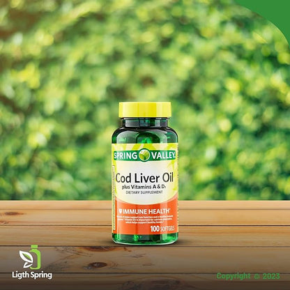 Spring Valley Cod Liver Oil Plus Vitamins A & D3, 100 softgels, Support Eye Function and a Healthy, Bundle with Vitamins & Minerals Ligth&Spring Guide