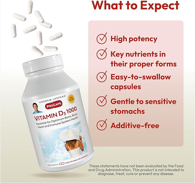 ANDREW LESSMAN Vitamin D3 1000 IU 720 Capsules - High Potency, Essential for Calcium Absorption, Supports Bone Health, Healthy Muscle Function, Immune System, More. Small Easy to Swallow Capsules