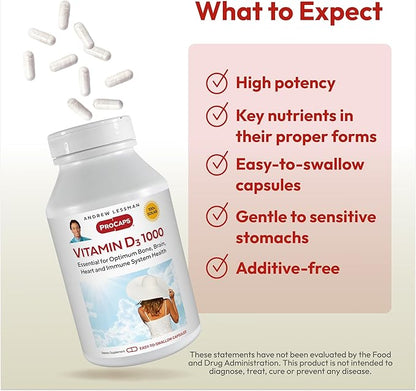 ANDREW LESSMAN Vitamin D3 1000 IU 180 Capsules - High Potency, Essential for Calcium Absorption, Supports Bone Health, Healthy Muscle Function, Immune System, More. Small Easy to Swallow Capsules
