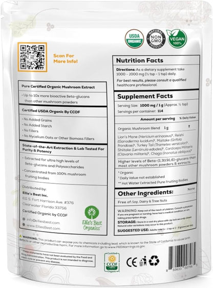 Ellie's Best 7 Mushroom Powder Extract Blend Supplement Organic 114 Servings High Potency Double Extracted Cordyceps, Reishi, Turkey Tail, Chaga, Lion's Mane - 4oz