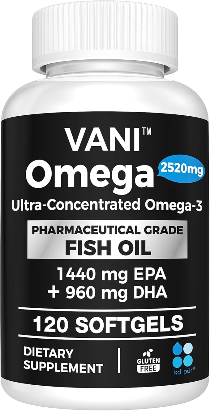 VANI Omega 3 Fish Oil - Pharmaceutical Grade - 2520mg with EPA & DHA, Made in USA with Premium Germany Fish Oil KD-PÜR® - 120 Softgels