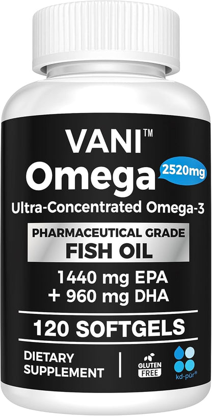 VANI Omega 3 Fish Oil - Pharmaceutical Grade - 2520mg with EPA & DHA, Made in USA with Premium Germany Fish Oil KD-PÜR® - 120 Softgels