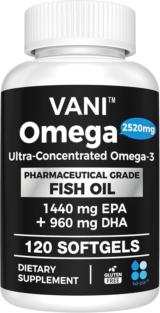 VANI Omega 3 Fish Oil - Pharmaceutical Grade - 2520mg with EPA & DHA, Made in USA with Premium Germany Fish Oil KD-PÜR® - 120 Softgels