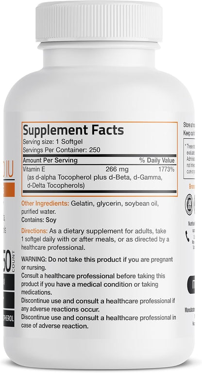 Bronson Natural Vitamin E Complex 400 I.U. Supplement (d-Alpha Tocopherol Plus d-Beta, d-Gamma, & d-Delta Tocopherols), Natural Antioxidant, 250 Softgels