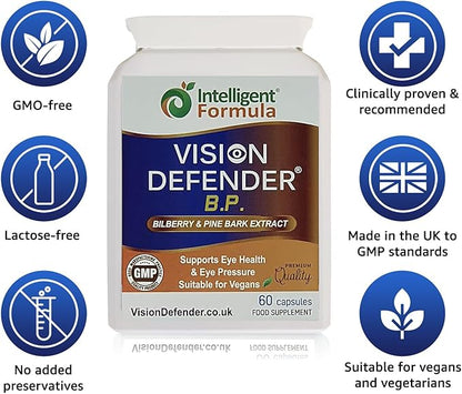 Vision Defender BP Eye Supplement: Bilberry and Pine Bark Extracts for Eye Pressure and Eye Health Support (60 Vegan Capsules)