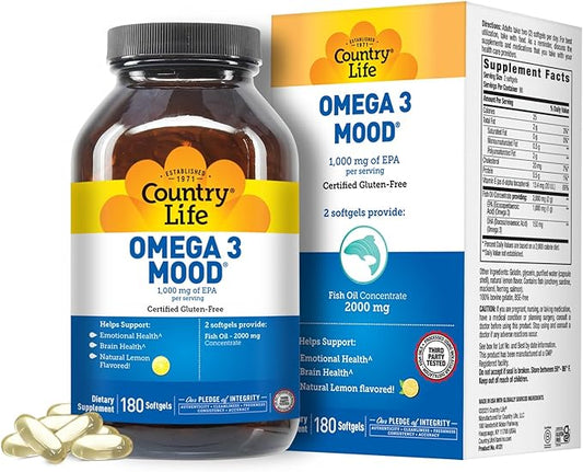 Country Life Omega 3 Fish Oil Supplement - High Concentration EPA and DHA Omega 3 Fatty Acids - 2000mg Fish Oil for Emotional Health, Mood Support, and No Fish Taste - Natural Lemon Flavor