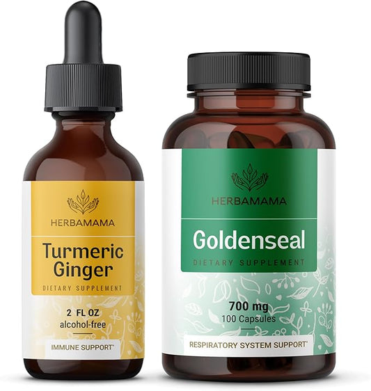 HERBAMAMA Turmeric Ginger and Goldenseal Kit - Bundle of Turmeric Ginger Tincture 2 fl oz and 700 mg Goldenseal Root Capsules - Vegan, Non GMO, Sugar & Alcohol-Free - 2 Pack