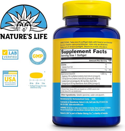 NATURE'S LIFE Black Currant Seed Oil 1000mg - Black Currant Oil, Natural Source of Omega 6 Gamma Linolenic Acid (GLA) and Omega 3 Alpha-Linolenic Acid (ALA), 60-Day Guarantee, 60 Servings, 60 Softgels