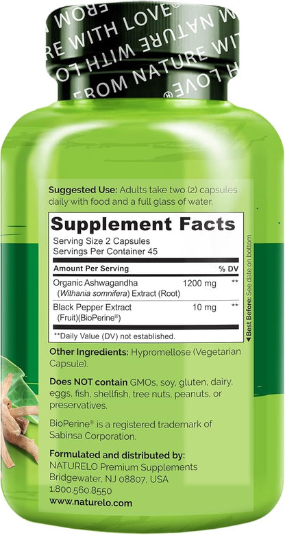 NATURELO Ashwagandha Organic Root Powder - Natural Herbs Supplement for Fatigue, Stress Relief, Mood Enhancer - with Black Pepper Extract - 90 Vegan Capsules
