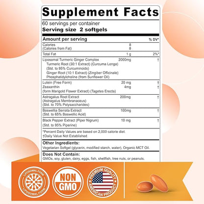 Liposomal Turmeric and Ginger Supplement 2000mg with Lutein 20mg Zeaxanthin for Women Men, Organic Turmeric Curcumin Complex Supplement for Eye, Digestive & Immune Support, Non-GMO, 120 Softgel Pills