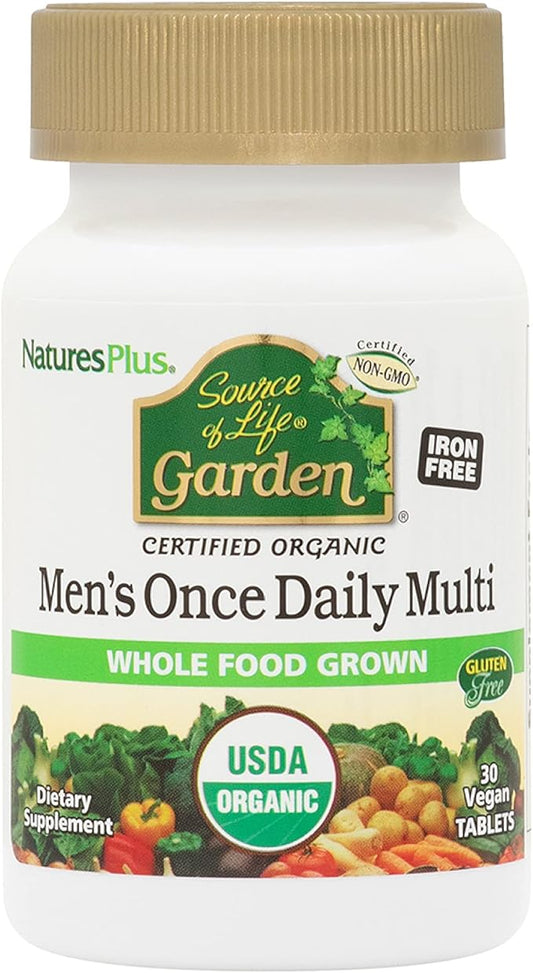 NaturesPlus Source of Life Garden Certified Organic Mens Once Daily Multivitamin - Pure, Natural Whole Food Ingredients - Energy Boost - 30 Vegan Tablets (30 Servings)
