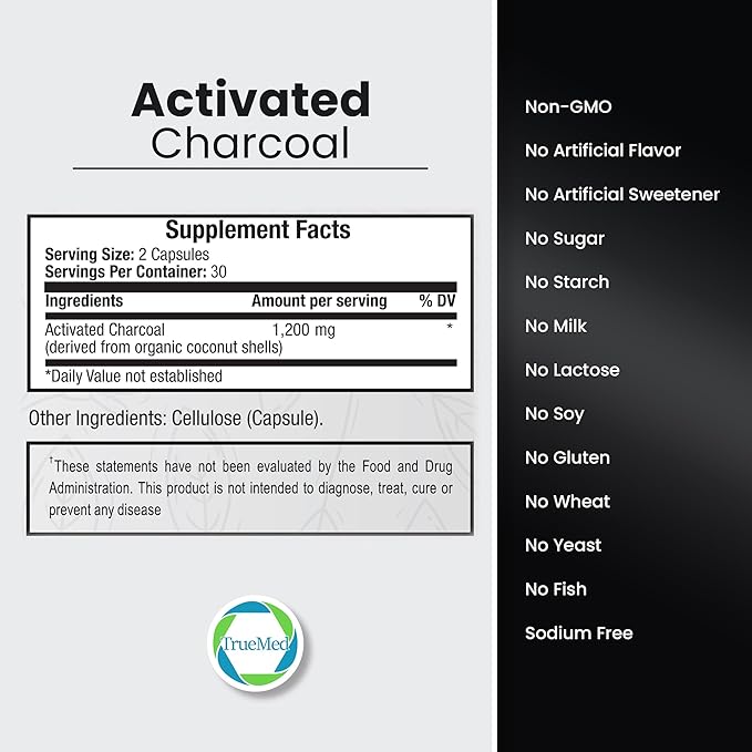 Activated Charcoal Capsules 1200 MG, 60 Veg Caps, 30-Days Premium Detox & Digestive Support, Gas & Bloating Relief, Organic Coconut Shell Charcoal, Gut Health, USA Made.