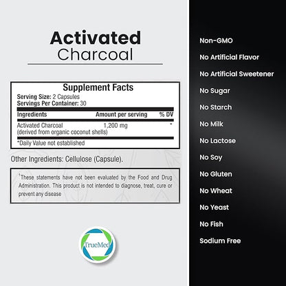 Activated Charcoal Capsules 1200 MG, 60 Veg Caps, 30-Days Premium Detox & Digestive Support, Gas & Bloating Relief, Organic Coconut Shell Charcoal, Gut Health, USA Made.